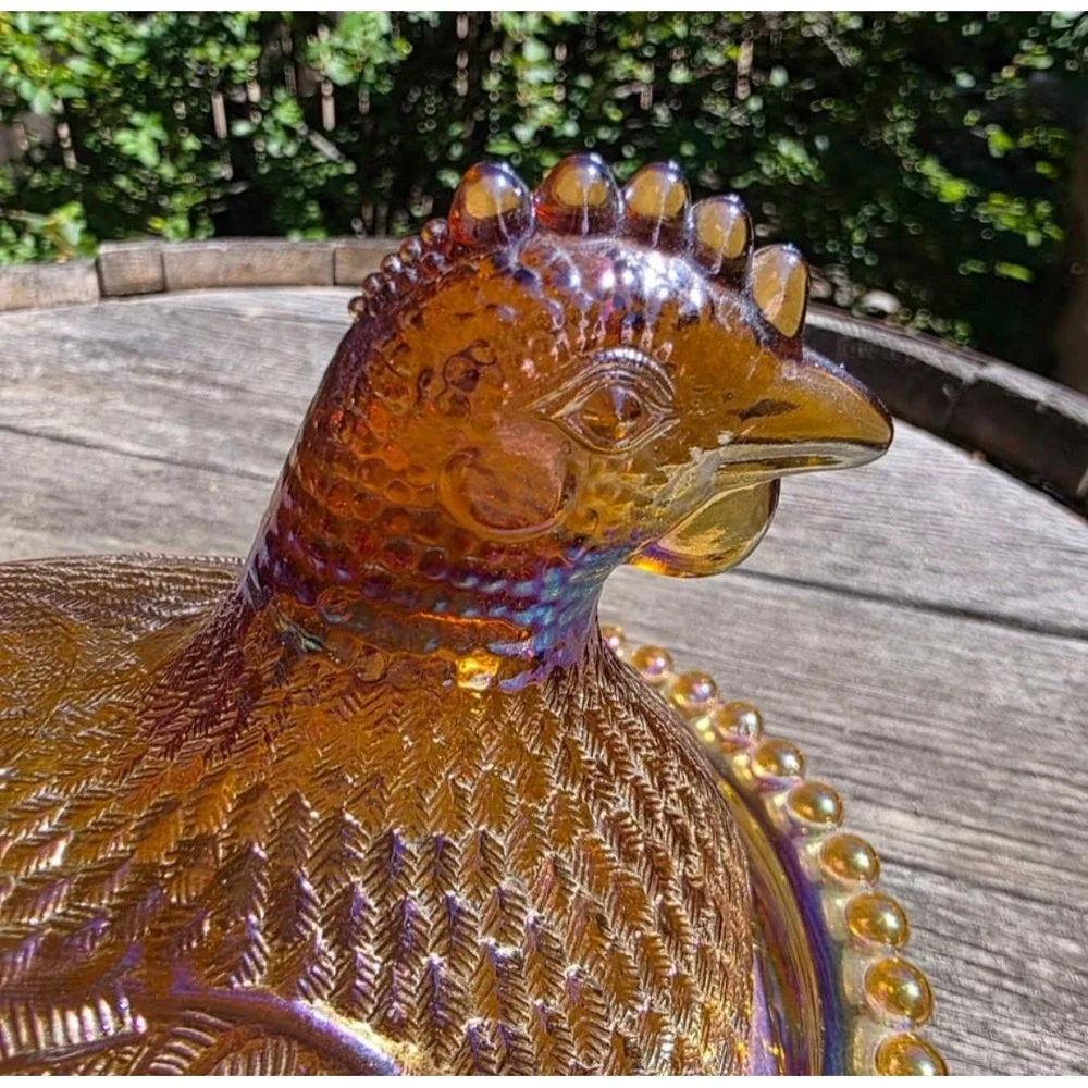 Indiana Glass Amber iridescent Carnival Glass Hen on Nest Covered Dish Rare VTG